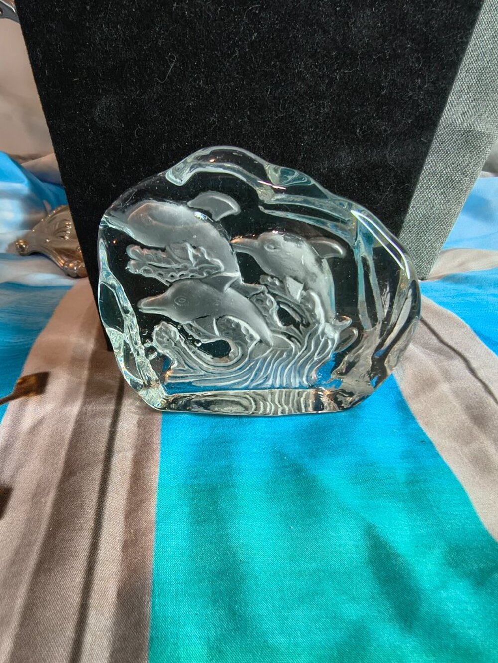 Glass Carved Dolphins Paper Weight or Sculpture